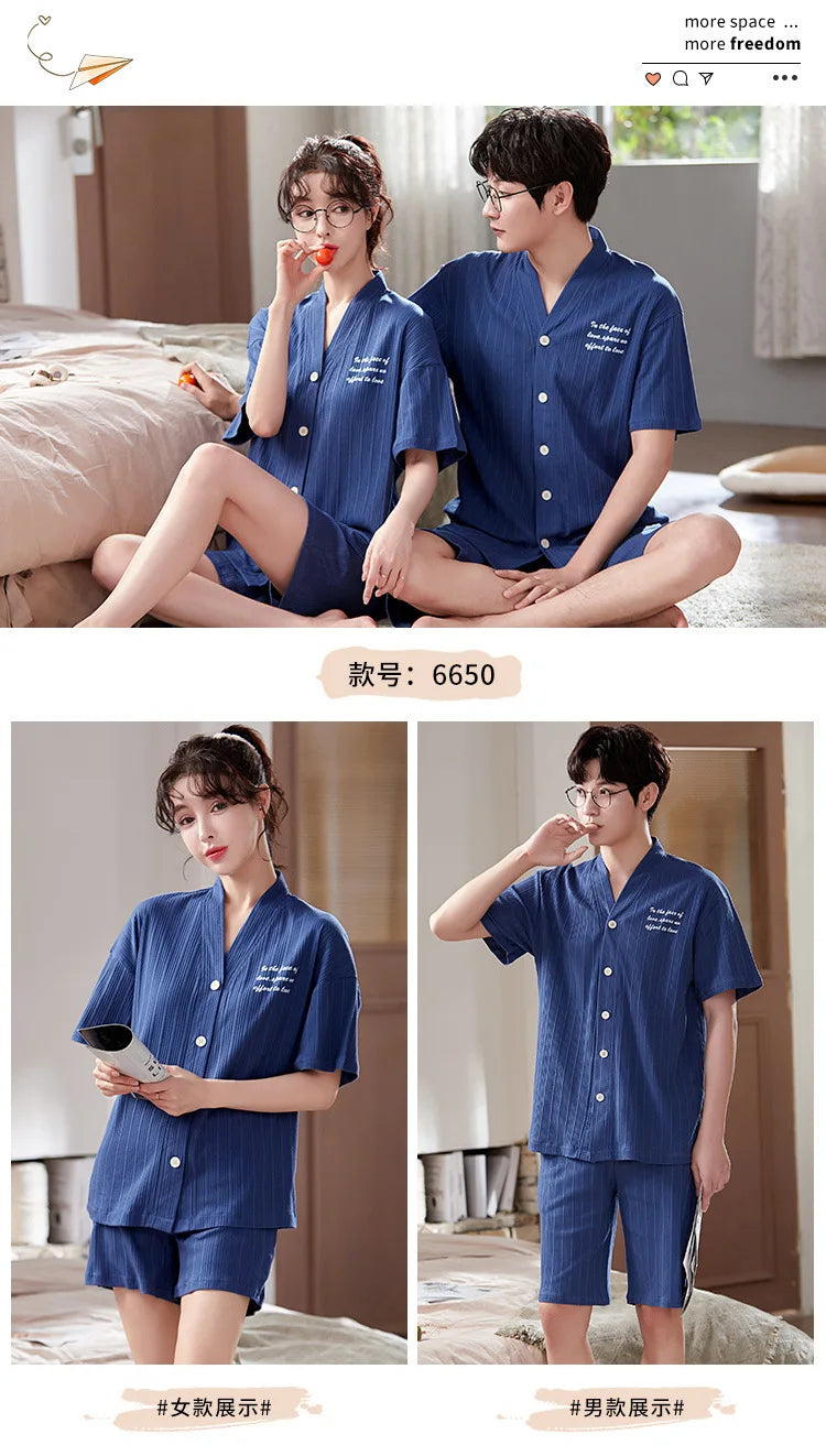 Summer Couple Pajamas Sets Cartoon Men Sleepwear Leisure Cotton Short Sleeve Women Kimono Homewear pijama Homme Mujer Dropship