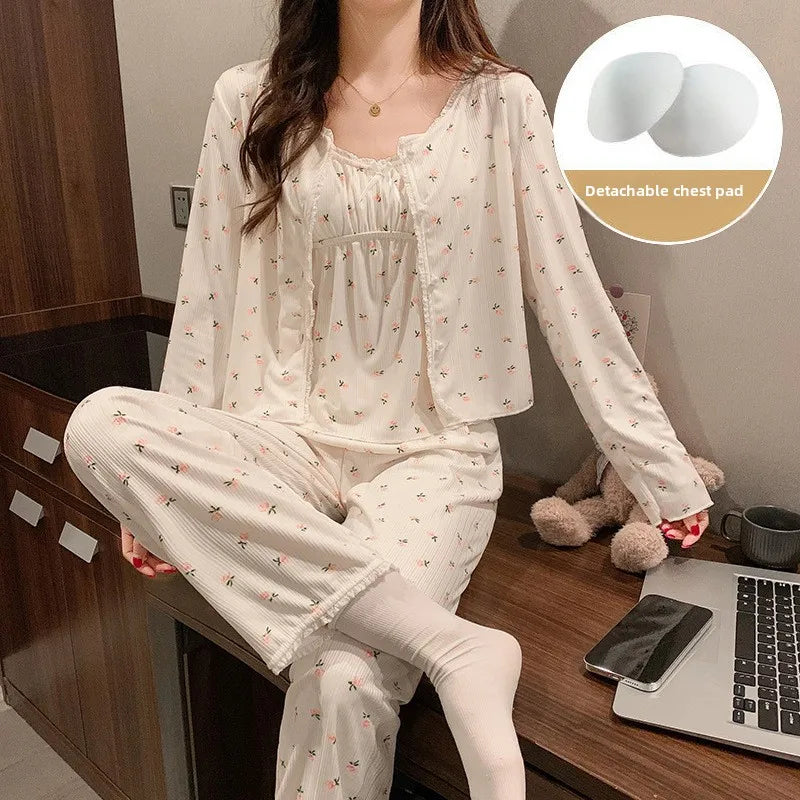 Pajama Three-Piece Set with Chest Pads Loungewear Sexy Long Sleeve Trousers Set Plus Size Nightwear Women Sling Sleepwear