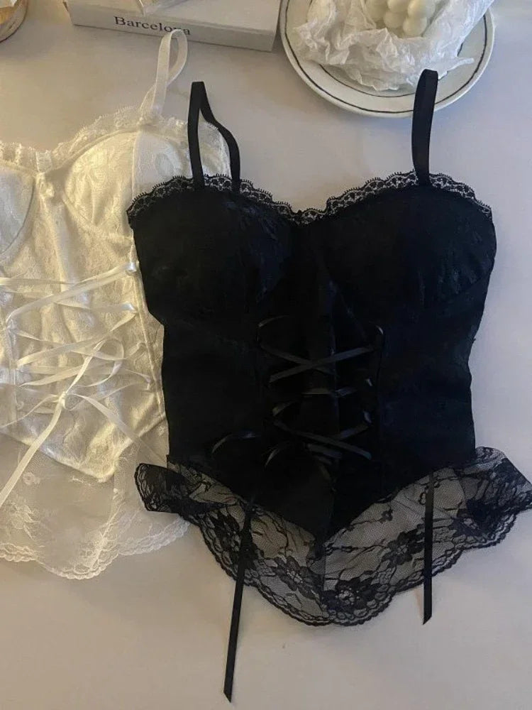 Sexy Lace Corset Crop Top Women Sleeveless Bandage Camisole Fashion Sling Tank Top Streetwear Blouse