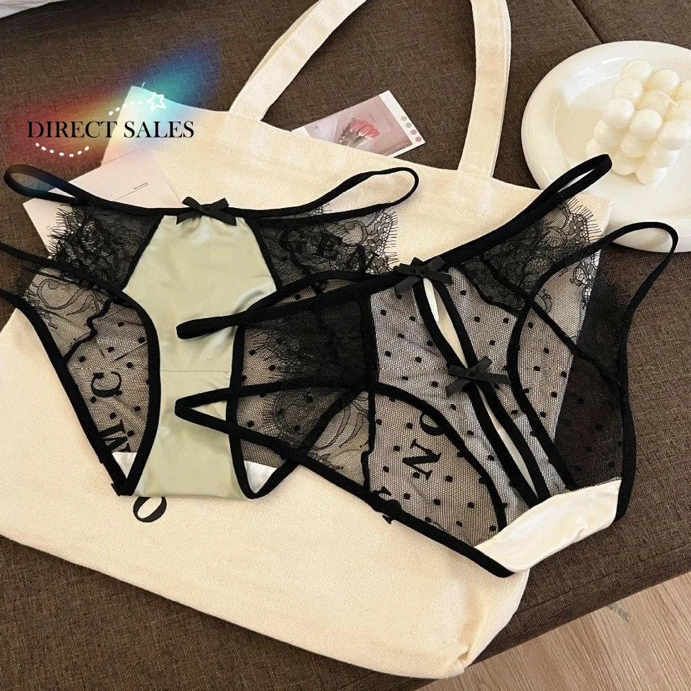 Lingerie Low Waist Underwear for Women Bow Transparent Sweet Lace Panties Hollow Mesh Satin Silk Briefs Girl